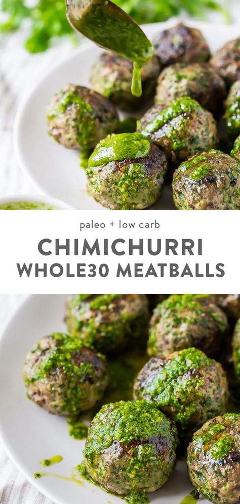 These chimichurri Whole30 meatballs are packed full of flavor and come together easily with the help of a food processor. Ideal for those on a spring or summer Whole30, they're garlicky and tender, thanks to the Swiss chard. A great Whole30 dinner and Whole30 meatballs recipe. #meatballs #whole30 #cleaneating #glutenfree Whole30 Meatballs, Whole 30 Meatballs, Recipe Meatballs, Whole30 Dinner, Pork Cheeks, I Want Food, Whole30 Dinners, Clean Eating For Beginners, Meatballs Recipe