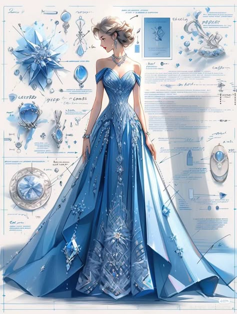 Blue Gowns, Interstellar Space, Book Dress, Dreamy Gowns, Dress Illustration, Dress Design Drawing, Old Fashion Dresses, Fantasy Dresses, Fashion Drawing Dresses