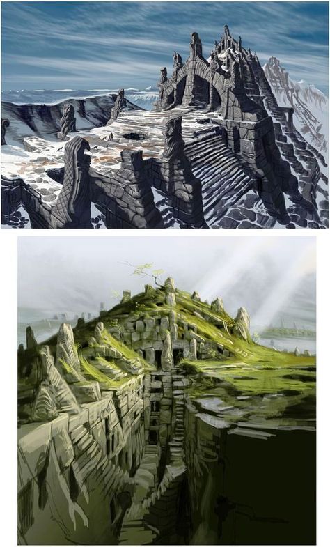 Top: Stone Palace or Temple in the Snowy Mountains Bottom: Stone Temple in the Craggy Green Hills Skyrim Concept Art, Concept Art Environment, Skyrim Art, Art Environment, Elder Scrolls Art, Elder Scrolls Skyrim, Heroic Fantasy, Elder Scrolls V Skyrim, Architecture Ideas