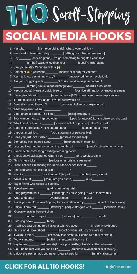 Check out this list of 110 social media hooks designed to grab attention. These hooks can be used to create engaging and compelling social media posts that are more likely to capture the interest of your audience. How To Use Social Media For Business, Content Hooks Instagram, How To Create Engaging Content, Social Media Fundraising Post, Social Media Hook Ideas, Social Media Hooks, Social Media Engagement Posts, Social Media Hacks, Social Media Post Ideas