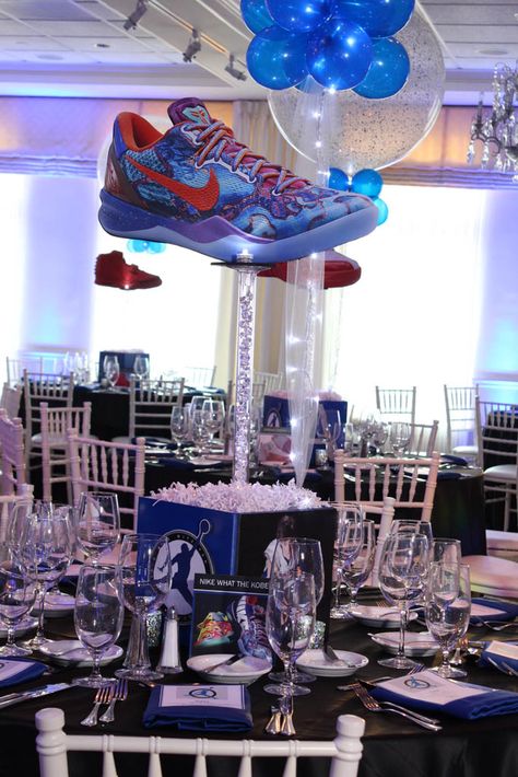 Sneaker Themed Centerpiece Sneaker Themed Bar Mitzvah Centerpiece with Custom Logo, Photos Bar Mitzvah Centerpieces, Mitzvah Centerpieces, Themed Centerpieces, Sneaker Ball, Diy Sneakers, Birthday Party Centerpieces, Balloon Arrangements, 16th Birthday Party, Casino Party