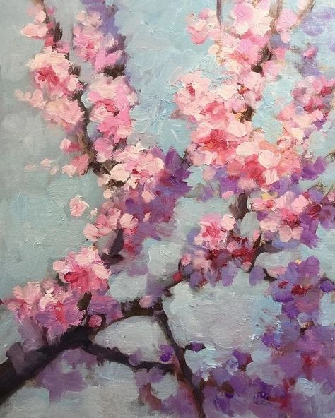 Flower Art Painting Oil, Cherry Blossom Aesthetic Drawing, Spring Painting Aesthetic, Cherry Blossom Artwork, Cherry Blossom Oil Painting, Pretty Things To Paint, Aesthetic Painting Flowers, Flowers Painting Aesthetic, Abstract Painting Inspiration