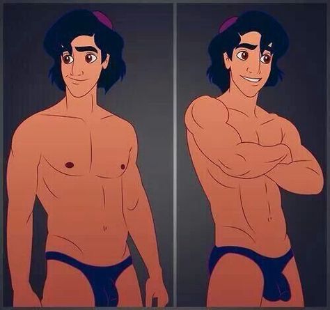 Another pinned said "Rub it. You get three wishes they  say..." Disney Gender Swap, Disney Dudes, Aladdin Art, Cute Guy Pics, Animated Man, Disney Princes, Anime Guys Shirtless, Cartoon Man, Guy Drawing