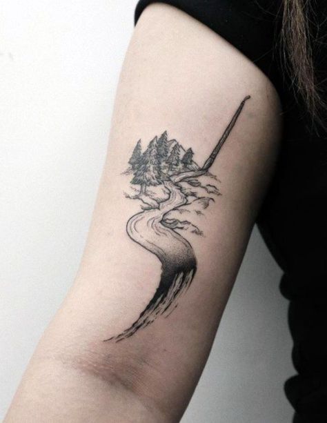 River And Trees Tattoo, River Tattoos For Women, Whitewater Tattoo, Riverbank Tattoo, River Sleeve Tattoo, Flowing River Tattoo, River Tatoos Ideas, Tree And River Tattoo, Japanese River Tattoo