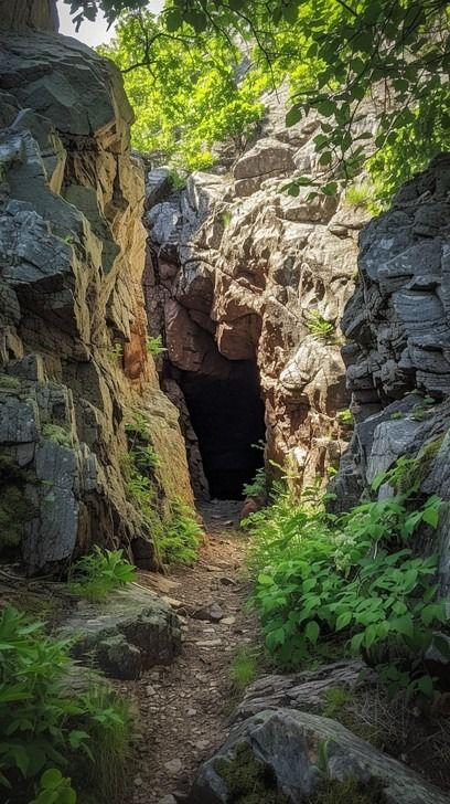 Nestled within a cradle of ancient rocks, a cave's mouth lies shrouded in mystery beneath a canopy of green. Dappled sunlight filters through the leaves, casting a warm glow on the stoic grey stones that have stood timeless through the eras. This secluded spot, quietly tucked away from the world's prying eyes, invites the inquisitive souls to explore the secrets it has harbored in the quiet solitude of nature. Nature And Environment Art, Cave Entrance Illustration, Enviroments Reference Photo, Cave Entrance Concept Art, Fantasy Cave Entrance, Cave In Forest, Caves Aesthetic, Aesthetic Cave, Forest Cave