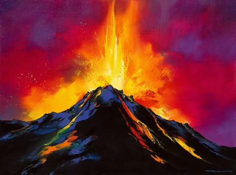 Fluorescent Acrylic Painting, How To Paint A Volcano, Volcano Acrylic Painting, Volcano Watercolor, Volcano Poster, Volcano Painting, Volcano Art, Volcano Pictures, Nature Paintings Acrylic