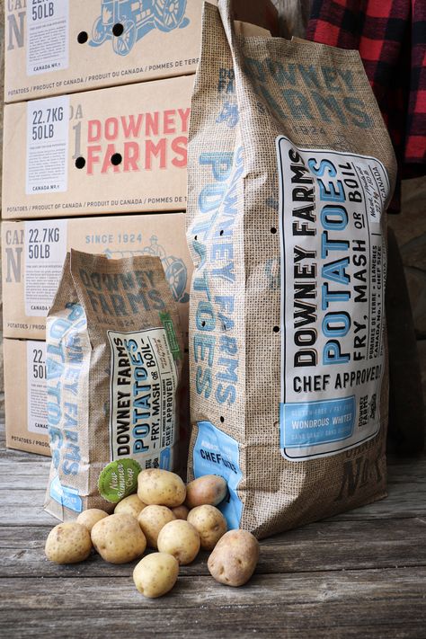 Downey Potatoes Gets A Rebrand That’s In The Bag | Dieline - Design, Branding & Packaging Inspiration Potato Packaging, Organic Food Packaging, Bag Design Ideas, Vegetable Packaging, Potato Bag, Fruit Packaging, Binder Design, In The Bag, Branding Packaging