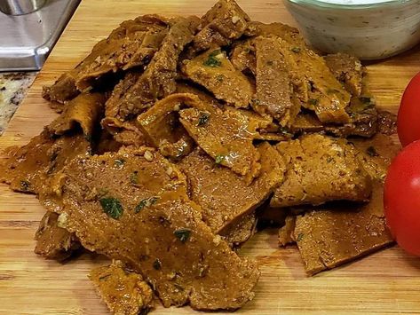 GYRO SEITAN & MARINADE Seitan Marinade, Easy Seitan Recipe, Vegan Gyros, Seitan Recipe, Vegan Meat Substitutes, Seitan Recipes, Gyro Recipe, Garbanzo Bean, Vegan Worcestershire Sauce