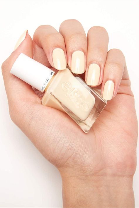 Cream Yellow Nails, Light Yellow Gel Nails, Cream Color Nail Polish, Creamy Yellow Nails, Soft Yellow Nails, Essie Atelier At The Bay, Cream Colored Nails, Light Yellow Manicure, Pale Yellow Nails