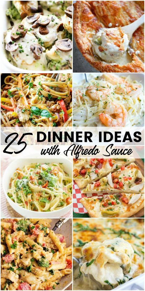 Alfredo lovers will swoon for these 25 Dinner Ideas with Alfredo Sauce!! Creamy, rich, and completely delicious, these supper recipes will make everyone smile! Food With Alfredo Sauce, Recipes Using Alfredo Sauce Dinners, Different Alfredo Recipes, Alfredo Sauce Ideas, Dinner Recipes With Alfredo Sauce, Things To Do With Alfredo Sauce, Alfredo Meals Dinners, Unique Alfredo Recipes, Alfredo Sauce Uses