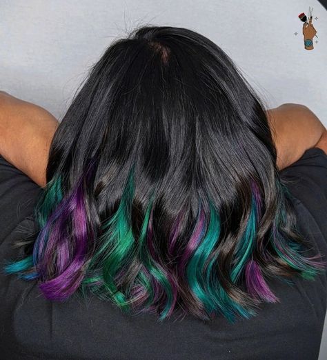 Green Peekaboo Hair, Solid Hair Color, Green Hair Streaks, Black Lob, Purple Peekaboo Hair, Green Hair Ombre, Green Hair Color Ideas, Pink Peekaboo Hair, Purple And Green Hair