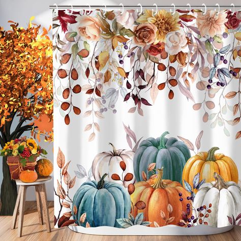 PRICES MAY VARY. 【MATERIAL】 Fall shower curtains is made of durable and heavy-weight polyester fabric, ensuring long-lasting use. 【HD PRINTING】 Fall shower curtains for bathroom uses high-definition digital printing technology, which will not fade and give you a vivid visual experience. Pumpkin shower curtain is very suitable as a fall bathroom decor. 【CONSTRUCTION】 Autumn shower curtain includes reinforced metal grommets and 12 plastic hooks for easy hanging. 【WATERPROOF】 Most water droplets wi Fall Shower Curtain, Artistic Bathroom, Kids Bathroom Accessories, Halloween Shower Curtain, Labu Halloween, Floral Bathroom, Bathtub Decor, Watercolor Pumpkins, Bathroom Curtain