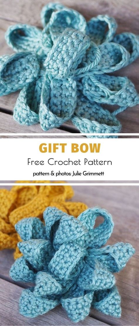 Last Minute Crochet Gift Bows. What a classic design! This crochet Gift Bow is shaped exactly like the shining ribbon or paper ornaments we usually decorate our presents with. Thanks to the one of a kind structure of yarn it looks even better though! #freecrochetpattern #christmas #bow #present Crochet Christmas Bows Free Pattern, Crochet Gift Bows Free Pattern, Small Crochet To Sell, Crochet Lovers Gifts, Crocheted Bows Free Pattern, Birthday Crochet Patterns Free, Crochet Brooch Pattern Free, Crochet Useful Items Free Pattern, Crochet Christmas Gifts Free Patterns