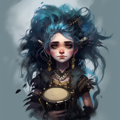 Concept Charater Design. Dnd, Gnome woman, Blue Hair, Percussion Bard, Red eyes. Rock Gnome Dnd Female, Female Gnome Dnd, Rock Gnome Dnd, Dnd Gnome Art, Gnome Dnd Character Design, Gnome Fantasy Art, Gnome Character Design, Gnome Character Art, Gnome Warlock