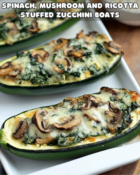 Mushroom Ricotta, Zucchini Boat Recipes, Stuffed Zucchini Boats, Spinach Mushroom, Avocado Toast Recipe, Stuffed Zucchini, Zucchini Boats, How To Cook Mushrooms, Scallop Recipes