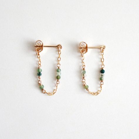 Tiny Gemstone Chain Hoop Stud Earrings - Moss Agate Small Gemstone Jewelry, Simple Stone Earrings, Beaded Gemstone Earrings, Cute Dainty Earrings, Tiny Gemstone Jewelry, Diy Dainty Earrings, Silver Handmade Earrings, Minimalist Gemstone Jewelry, Stud Dangle Earrings