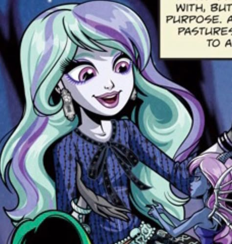 twyla in one of the monster high comics, art by kellee riley ! :) Kellee Riley, Twyla Boogeyman, Comics Art, Monster High, Comics, Purple, Hair, Blue