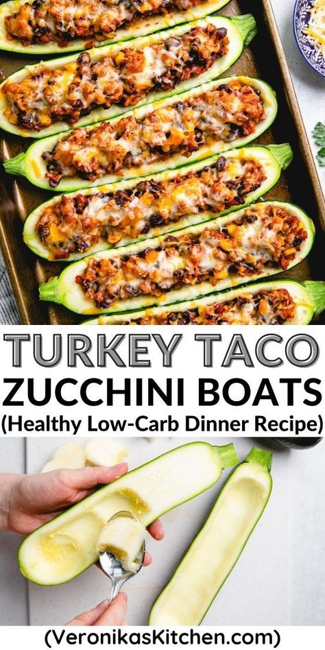 Top photo: Halved zucchini stuffed with a mix of ground turkey, beans, and corn, and topped with melted cheese. Bottom photo: Process photo of scooping out filling from zucchini. Turkey Taco Zucchini Boats, Zucchini Boats Healthy, Taco Zucchini Boats, Taco Zucchini, Zucchini Boat Recipes, Dinner Recipes Healthy Low Carb, Ground Turkey Tacos, Healthy Ground Turkey, Turkey Taco