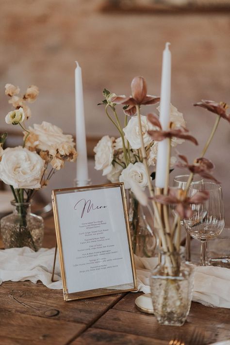 White taper candles in gold candleholders with pale pink and white wedding flowers with a menu stationery in a gold photo frame Wedding Dress With Split, Wedding Stationery Ideas, Menu Table, Place Cards Wedding, Pink And White Weddings, Stationery Ideas, Vow Books, Dress With Split, Rock My Wedding