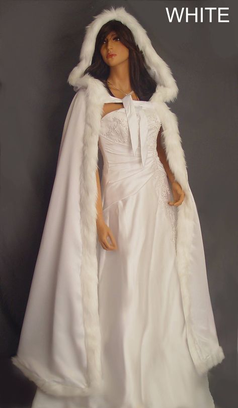 "Gorgeous hooded medieval bridal faux fur trim full length wedding cloak, made from luxurious high quality satin. Entirely lined on the inside with the same matching satin as the exterior layer & completely trimmed with high quality feathery Long faux fur all the way around. Secured at the neck with matching satin ties. This item is newly made and ready to ship. Over sized hood is large enough to comfortably fit over high hairstyles & tiaras or headpieces. One size fits all. Measures app Ice Witch Costume, Winter Costume Ideas, Snow Fairy Costume, High Hairstyles, Ice Princess Costume, Medieval Cape, Snow Queen Dress, Queen Accessories, Witch Ideas