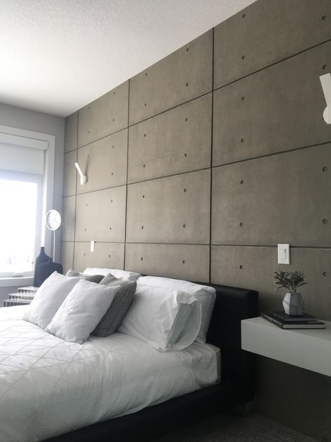 Concrete Bedroom Wall, Panels In Bedroom, Concrete Wall Bedroom, Industrial Concrete Wall, Concrete Panels Interior, 2023 Homes, Concrete Interior Wall, Concrete Walls Diy, Concrete Walls Interior