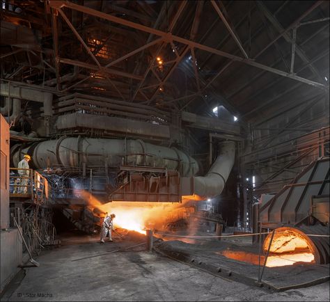 ArcelorMittal Burns Harbor, tapping the blast furnace C | Viktor Mácha - industrial photography Asteroid Mining, World Building Ideas, Bethlehem Steel, Blast Furnace, Factory Interior, Industrial Manufacturing, Industrial City, Steel Industry, Abandoned Factory