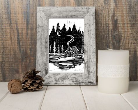 Print off this winter cabin art at home! It was created using a linocut print and signed by me, the artist! Winter Block Print, Winter Linocut, Yule Linocut, Mountain Lino Print, Camping Linocut, Linocut Winter Scene, Small House Decorating, Print Christmas Card, Cabin Art