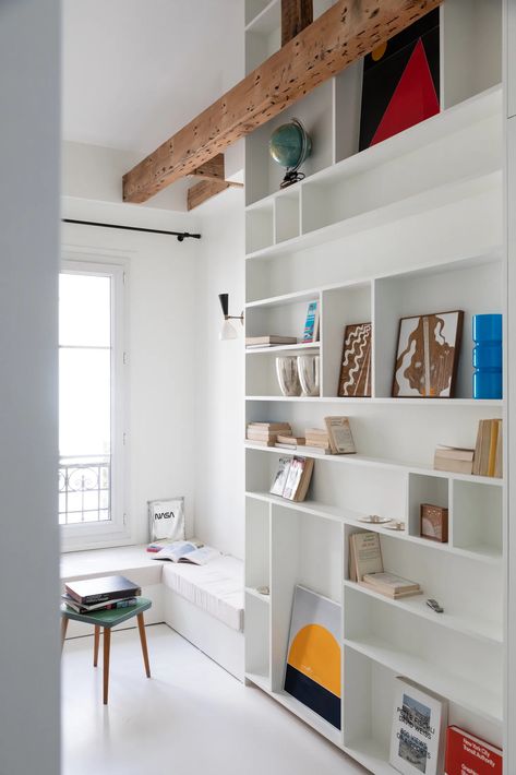 A Peaceful Parisian “Chambre de Bonne” made from Two Tiny Attics | Never Too Small Small Attic Apartment, Monochrome Interior Design, Milan Apartment, Small Attic, Attic Apartment, Ad Magazine, Apartment In Paris, Tiny Space, Paris Apartments