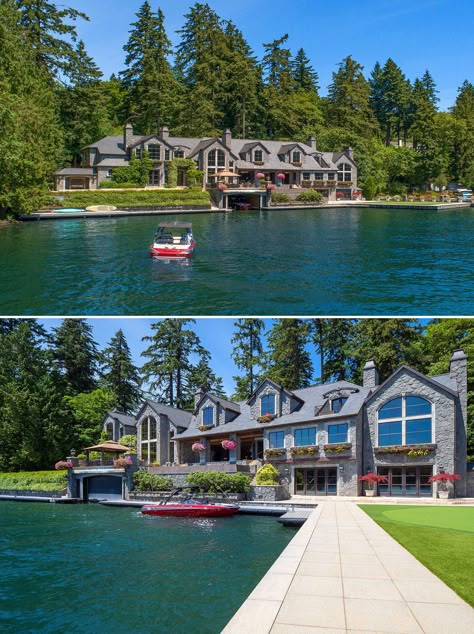 Luxurious Lake House, House On Lake Dream Homes, Waterfront Homes Exterior, Lake House Luxury, Water Front Home, Luxury Lakefront Homes, Big Lake House, Luxury Lake House, Lakefront House Plans