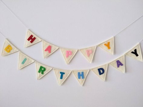 Homemade Happy Birthday Banner, Crochet Birthday Banner, Diy Birthday Bunting, Felt Birthday Banner, Happy Birthday Banner Diy, Flag Cake Topper, Rainbow Birthday Decorations, Birthday Deco, Embroidery Business