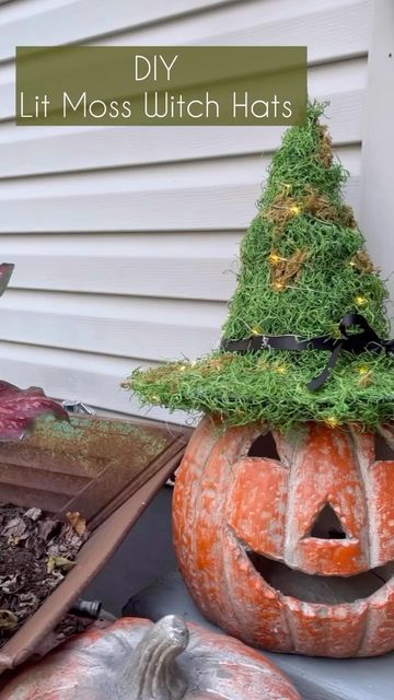 Shandy & Mark on Instagram: "DIY Lit Mossy Witch Hats 🧙🏻‍♀️I know lots of y’all have these plain black witch hats that you’ve been hanging from wire the last few years. Let’s spruce em up! These are so so simple to make and so cute!  • To make your own all ya need is: 🪄Witch hats (I got mine on Amazon in a pack of 10) 🪄Moss (I’m using Spanish Moss from Walmart) 🪄Battery Powered Fairy Lights 🪄Felt & Kraft paper to stuff your hats • Stuff your hat with brown craft paper, plastic bags, leftover wrapping paper or whatever! This is just to help it keep shape. Hot glue a piece of felt to the bottom to keep the paper in, Leave a small section open to push your battery pack inside. Hot glue your moss on, add fairy lights and look how flippin cuuuute these are!! 🤩 . . . . #halloweendiy #diyh Diy Honeycomb, Battery Powered Fairy Lights, Topiary Diy, Black Witch Hat, Black Witch, Witch Diy, Spanish Moss, Plain Black, Witch Hat