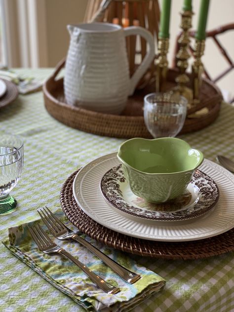 Mikasa Italian Countryside+Spode Woodland+Olfaire Lettuceware; Villeroy & Boch Artesano Green (Glassware); Gorham Column Gold (Flatware) Mikasa Italian Countryside, Spode Woodland, Green Glassware, Gold Flatware, Italian Countryside, Villeroy & Boch, Flatware, Tablescapes, Mother’s Day