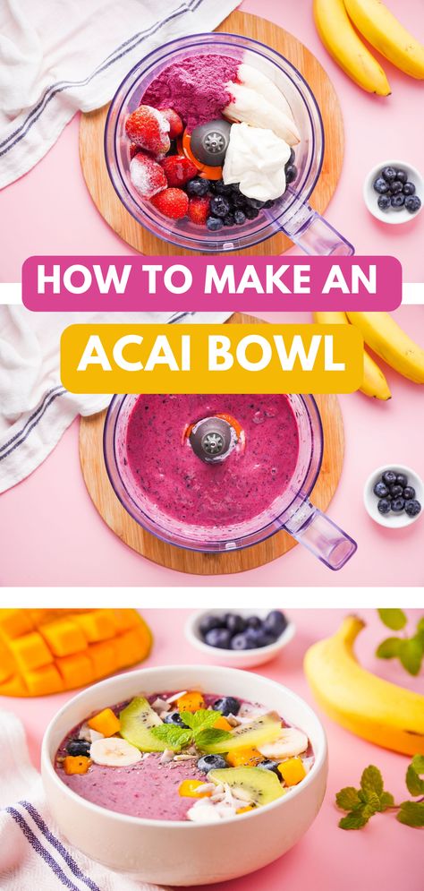 Creating a delicious açaí bowl is easy and customizable. I'm sharing how to make an acai bowl, with simple step-by-step instructions, that can be tailored to your taste. #acaibowl #breakfastrecipes #healthyrecipes Diy Acai Bowl Recipes, Diy Acai Bowl, Tropical Acai Bowl, Acai Berry Smoothie, Acai Bowl Recipe Easy, Homemade Acai Bowl, Greek Yogurt Toppings, Bowl Recipes Easy, Frozen Acai