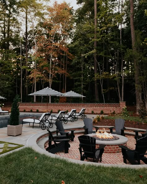 Our Sunken Fire Pit Paired With Black Adirondack Chairs Adirondack Chairs Fire Pit, Black Adirondack Chairs, Fire Pit And Adirondack Chairs, Traditional Backyard, Sunken Fire Pit, Fire Pit Ideas Backyard, Sunken Fire Pits, Landscaping Pool, Modern Adirondack