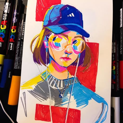 Speedy self portrait in posca pens. I had way too much fun :o) #posca #ポスカ Glasses Reflection Drawing, Marker Pop Art, Colored Marker Art, Posca Pen Portrait, Marker Pen Illustration, Creative Self Portrait Drawing, Marker Art People, Marker Portrait Drawing, Marker Art Aesthetic