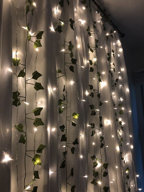 Fairy Lights Bedroom Wall Sheer Curtains, White Curtains With Lights, Curtain Lights With Vines, Curtain Fairy Lights Bedroom, Selfie Area Ideas, Curtains With Fairy Lights, White Curtains Bedroom Aesthetic, Light Color Curtains, Curtains Bedroom Color