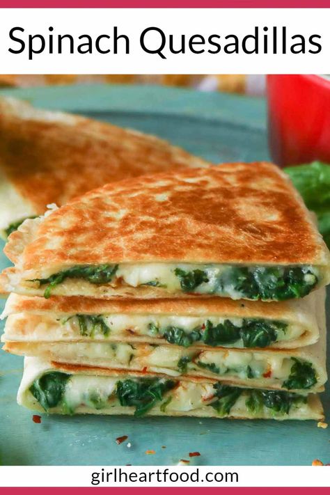 These cheesy spinach quesadillas are filled with lots of mozzarella, crumbled feta, baby spinach and some yummy seasoning. They're pan fried until crispy on the outside and the cheese is melty inside. These vegetable quesadillas are simply delicious! #spinachquesadillas #cheesyquesadillas #quesadillaswithspinach #veggiequesadillas #vegetablequesadillas Kale Quesadilla, Vegetable Quesadilla Recipes, Spinach Quesadilla, Vegetarian Quesadillas Recipes, Quesadilla Recipes Easy, Sautéed Kale, Vegetarian Quesadilla, Cheesy Spinach, Quesadilla Recipe