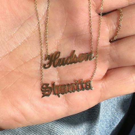 14K Nameplate Necklace Nameplate Necklace, Old English, Name Plate, Chain Lengths, New Shop, Your Name, Vintage Shops, Sparkle, Yellow Gold