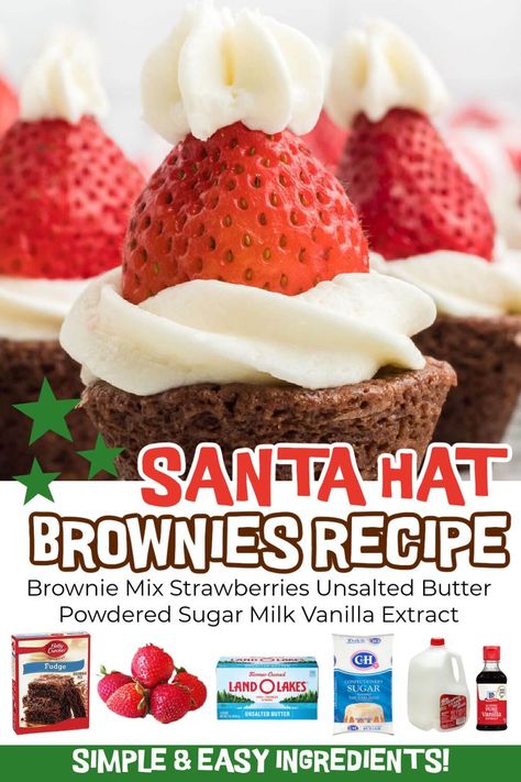 Santa Hat Brownies is the perfect Christmas treats to make for a holiday party. These brownie bites are delicious and easy to make. This fun holiday dessert starts with a brownie mix. Then an easy homemade frosting is topped on the brownie with a strawberry to create brownie Santa hats. If you have a Christmas Party coming up, make this simple and delicious dessert. #christmasonadime #santahatbrownies #santahatbrowniebites Brownie Santa Hats, Santa Hat Brownies, Fun Holiday Desserts, Christmas Treats To Make, Christmas Strawberry, Strawberry Brownies, Christmas Sweet Treats, Treats To Make, Homemade Frosting