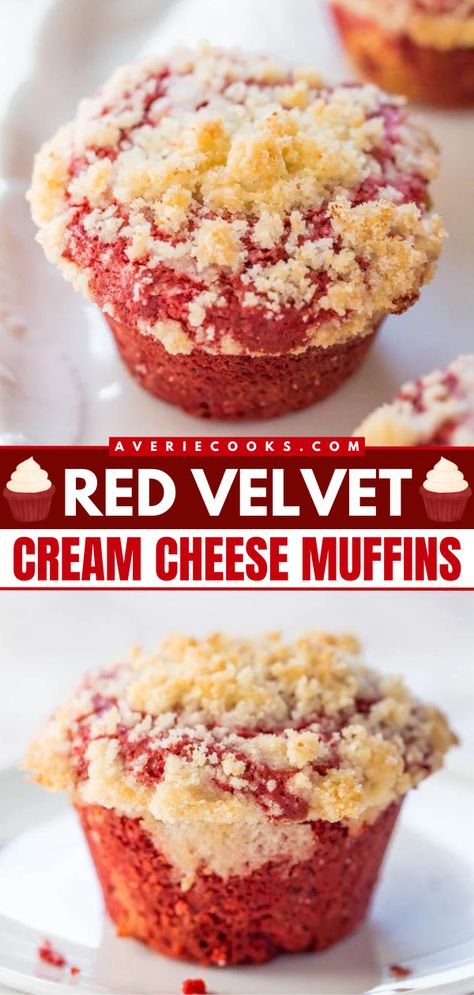 Prepare to fall in love with these Red Velvet Cream Cheese Muffins! Moist and fluffy with a slightly crunchy crumb topping, they're a romantic brunch idea no one will be able to resist. You'll want to have this easy Valentine's Day breakfast all year round! Velvet Desserts, Apple Muffin, Bakery Muffins, Coconut Dessert, Averie Cooks, Cream Cheese Muffins, Brownie Desserts, Velvet Cream, Muffin Man