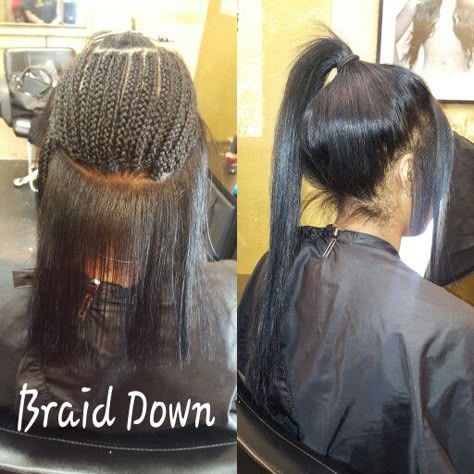 Versatile Sew-In Ponytail Half Head Sew In Weave Hairstyles, Sew In That Can Be Put In A Ponytail, Closure Sew In Ponytail, Sew In Weave With Leave Out Braid Pattern, Braid Pattern For Sew In With Leave Out, Sewin Braid Pattern With Leave Out, Sew In Ponytail Hairstyles, Versital Sew In Weave, Versatile Sew In Braid Pattern