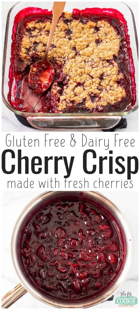 Our gluten free cherry crisp is a delicious way to use fresh, in-season cherries! The cherry filling also works great for pies, cheesecakes, ice cream, and more. This recipe is dairy free and peanut free as well. | thefitcookie.com Vegan Cherry Crisp, Gf Cherry Pie, Gluten Free Cherry Recipes, Gluten Free Cherry Desserts, Cherry Recipes Fresh, Gluten Free Cherry Crisp, Cherry Recipes Gluten Free, Gluten Free Cherry Pie, Cherry Recipes Healthy