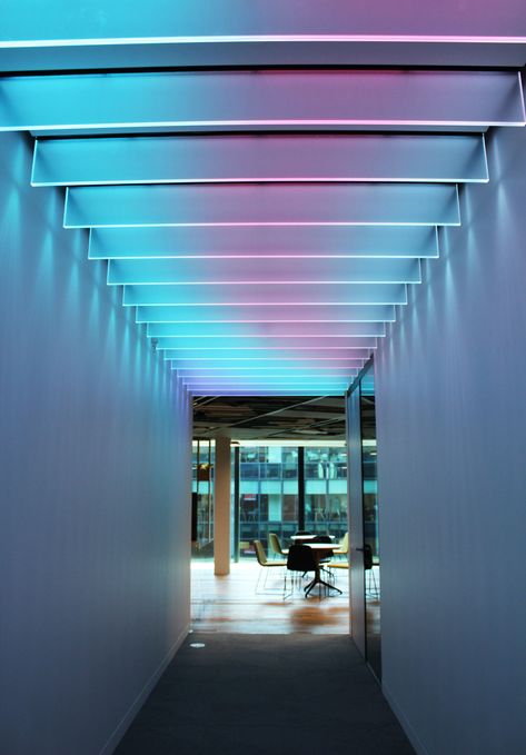 Neon Ceiling Design, Acrylic Ceiling Design, Retail Lighting Design, Canopy Lighting, High Ceiling Lighting, Ceiling Feature, Arch Light, Retail Facade, Lab Design