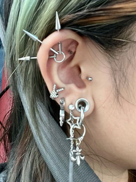 tripple triple helix piercing inspo inspiration 0g gauge star dangle chain rook playboy spencers hot topic industrial  lobe earring alt alternative edgy cool different vkei harajuku stretched stacked fourth third diamond tragus hoops
plugs silver white steel pretty unique curation
constellation spikes earspo ear inspo inspiration
aesthetic grunge punk emo scene harajuku cartilage
piercing ear gauges Triple Helix Piercing, Triple Helix, Tragus Hoop, Ear Piercings Cartilage, Piercing Inspo, Inspiration Aesthetic, Ear Gauges, Punk Emo, Helix Piercing