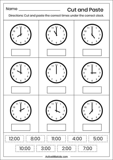 Free clock worksheets for kindergarten Kindergarten Telling Time, Clock Worksheets, Kindergarten Math Worksheets Free, Book Clock, Telling Time Worksheets, Math Sheets, Kindergarten Worksheets Free Printables, Cut And Paste Worksheets, Toddler Homeschool