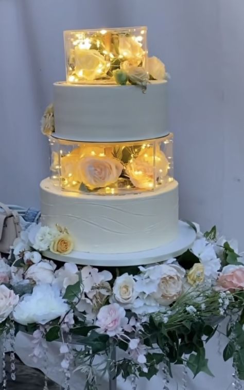 Cake With Fairy Lights, Fairy Lights Wedding Reception, Sparkly Wedding Cakes, Rose Cake Design, Wedding Cake Options, Acrylic Cake Stands, Dummy Cake, Fairy Lights Wedding, Wedding Reception Lighting