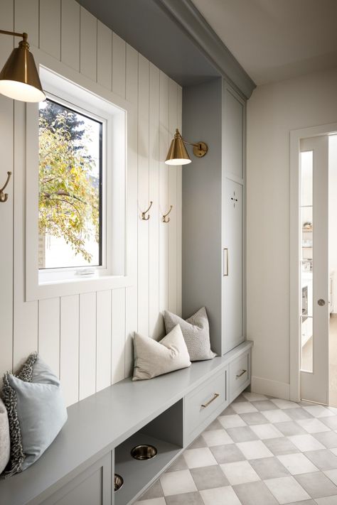 Benjamin Moore Boothbay Gray Benjamin Moore Boothbay Gray Paint Color Benjamin Moore Boothbay Gray #BenjaminMooreBoothbayGray #PaintColor #BenjaminMoore White Oak Mantle, Arch Entrance, Oak Mantle, Stucco Fireplace, Stone Hearth, Designer Homes, Mud Room Entry, Mudroom Entryway, Mudroom Decor