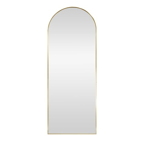 Brushed gold finish aluminum frame. Over sized leaner mirror. Origin 21 26-Inches W x 70.0-Inches H Arch Brushed Gold Framed Full Length Wall Mirror | AL058A-GLD-2670 Gold Arched Mirror Full Length, Gold Rounded Mirror, Bedroom Gold Mirror, Preppy Full Length Mirror, Full Length Gold Mirror In Bedroom, Gold Long Mirror, Gold Rimmed Mirror, Full Body Gold Mirror, Gold Room Decor Aesthetic