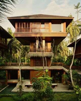 Alexis Dornier | Architecture and Interior Design Eco Resort Architecture, Bali Backyard, Net Zero Building, Exterior Moodboard, Modern Kitchen Models, Japanese Facade, Boutique Hotel Concept, Brown Houses, Bali Bungalow