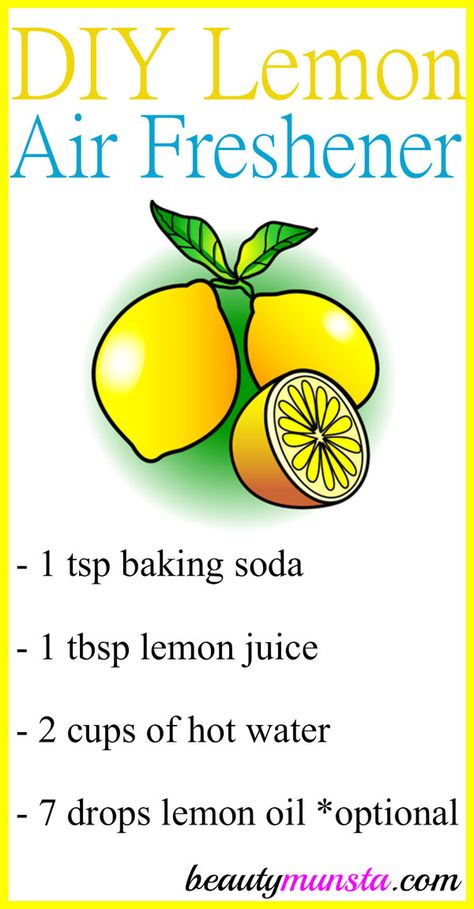 Hey guys! Learn how to make an easy homemade air freshener with lemon juice! Lemons smell clean and fresh! That makes them one of the perfect ingredients for making your own non-toxic homemade air freshener! They not only neutralize bad scents and mask stale air but have a therapeutic scent that energizes and uplifts mood. … Natural Air Freshener Diy, Air Freshener Recipes, Natural Beauty Hacks, Smell Clean, Room Deodorizer, Homemade Air Freshener, Diy Air Freshener, House Smell Good, Natural Air Freshener